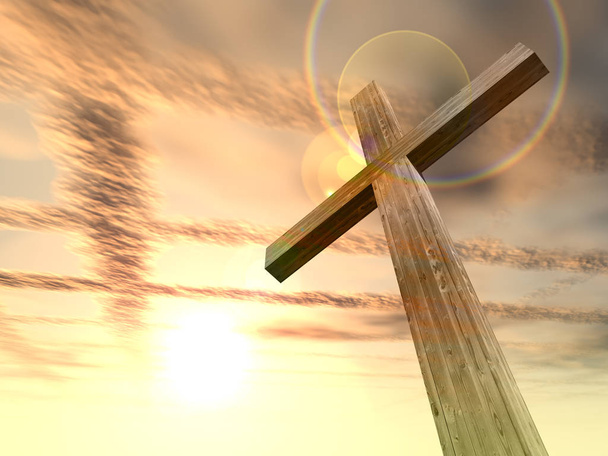 dřevěný kříž nad západu slunce na obloze - Fotografie, Obrázek