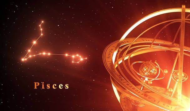 Constelación del zodíaco Piscis y esfera armilar sobre fondo rojo
 - Foto, Imagen