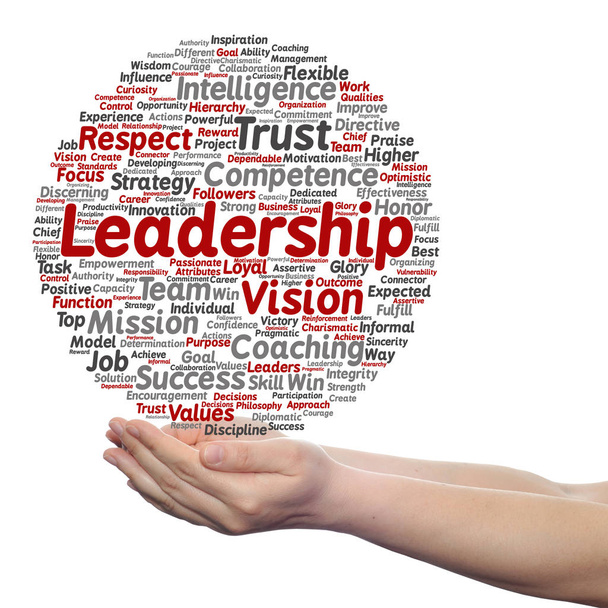 business leadership word cloud in hands - Foto, afbeelding