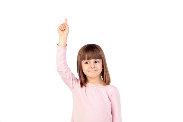 Menina apontando para cima com o dedo
 - Foto, Imagem