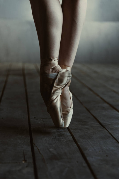 Ballet dancer legs standing on the tiptoes in pointes - Фото, изображение