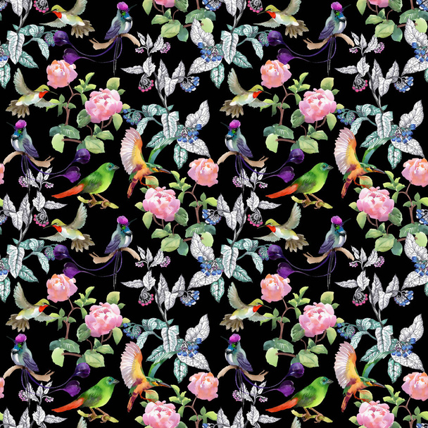 pattern with colorful flowers and birds   - Valokuva, kuva
