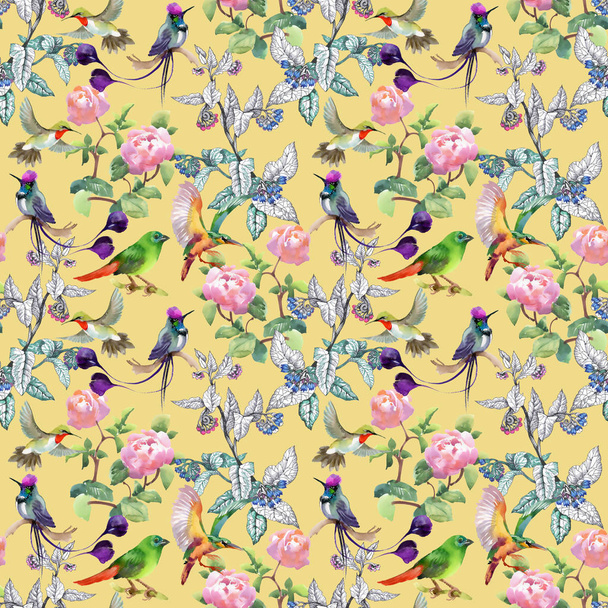 pattern with colorful flowers and birds   - Φωτογραφία, εικόνα