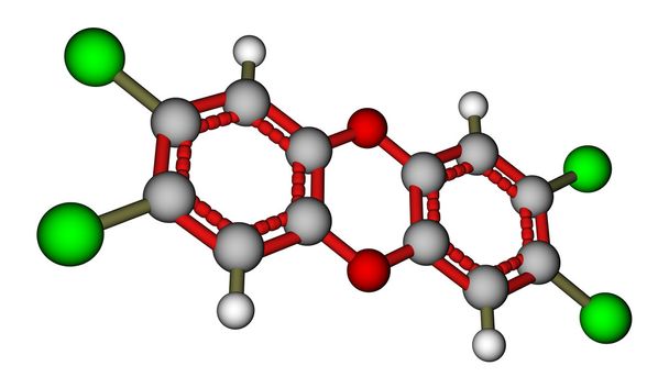 Poison 2,3,7,8-Tetrachlorodibenzo-p-dioxin (dioxin). 3D molecula - Fotoğraf, Görsel