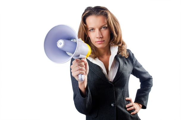 Businesswoman with loudspeaker on white - Фото, изображение