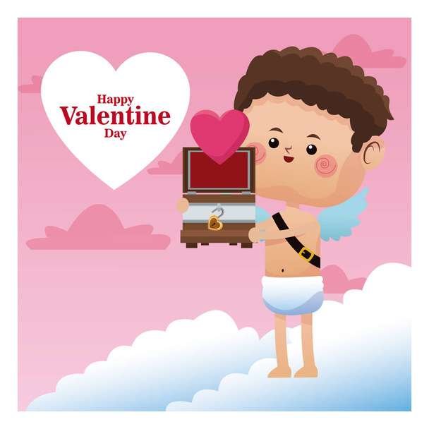 heureux jour de la Saint-Valentin Cupidon donnant coeur poitrine en bois
 - Vecteur, image