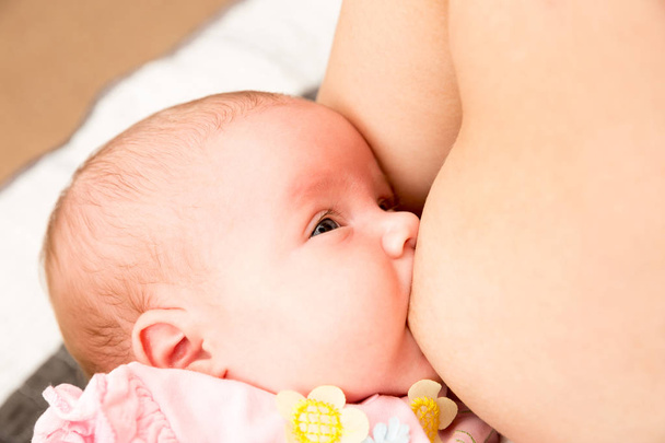 Baby feeds on mother's breasts milk. Infant baby girl is suckling - Fotografie, Obrázek
