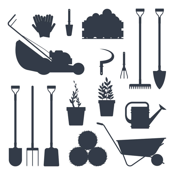 Set farm tools flat black silhouette-vector illustration. Garden instruments icon collection isolated on white background. Farming equipment - Vetor, Imagem