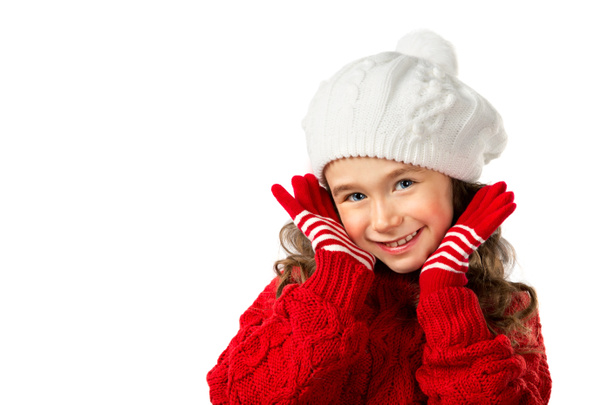 kleines Mädchen denkt an Weihnachtsmann auf isoliertem weißem Hintergrund - Foto, Bild