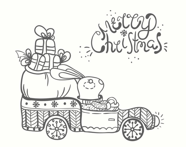 Coniglio divertente in macchina con illustrazione regali
 - Vettoriali, immagini