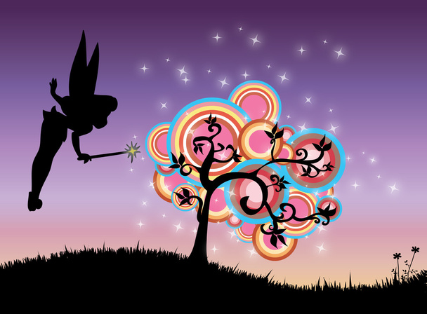 streszczenie ilustracja bajki i magiczne drzewo w nocy letniej - Zdjęcie, obraz