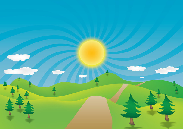 Абстрактная иллюстрация горного пейзажа с солнцем и соснами
 - Фото, изображение