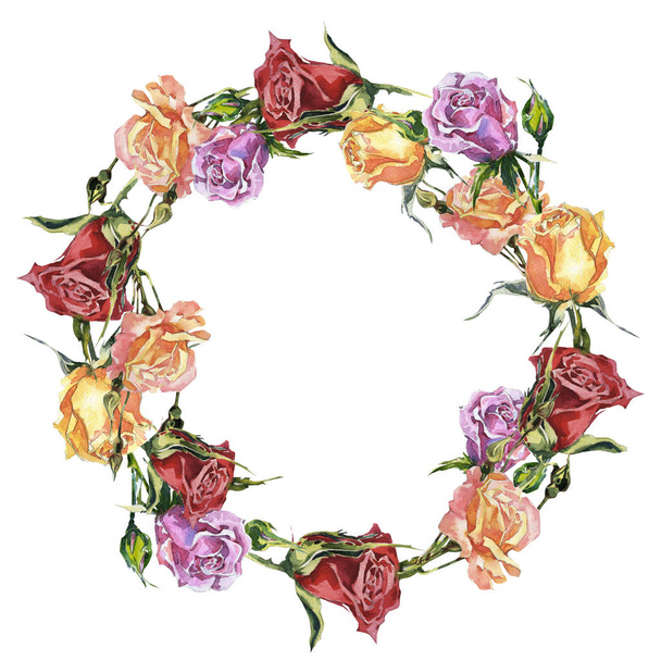 Wildflower rose flower wreath in a watercolor style isolated. - Φωτογραφία, εικόνα