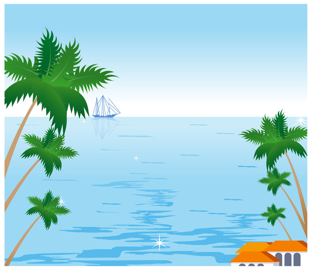 Palmera de coco y velero en la playa tropical
 - Vector, Imagen