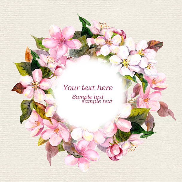 Retro floral wreath with pink flowers - apple, cherry blossom for greeting card. Watercolour - Φωτογραφία, εικόνα