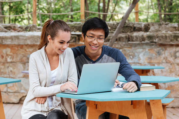 Cheerful young couple sitting and using laptop - Foto, imagen