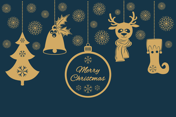 Gouden kerst Hangers zoals een klok met een hert in sjaal, tricotst, holly, bal, fir-tree met sneeuwvlokken. Universele grens, geïsoleerd op donkere achtergrond. Vectorillustratie. Bruikbaar voor ontwerp - Vector, afbeelding