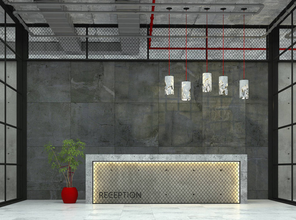 Interior with a reception desk in the loft style. 3d visualization - Photo, Image