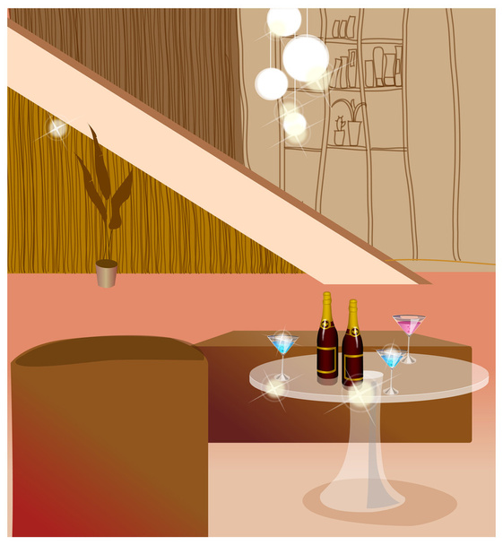 Woonkamer met fles wijn en glazen op tafel - Vector, afbeelding