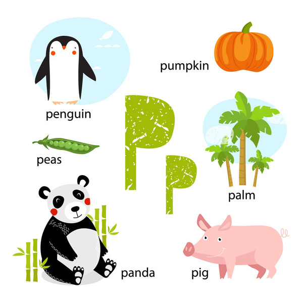 Ilustración vectorial para enseñar a los niños el alfabeto inglés con animales y objetos de dibujos animados. Carta "P". panda, árbol, pingüino, cerdo, calabaza, guisantes. Verduras, comida. cartel escolar
 - Vector, imagen