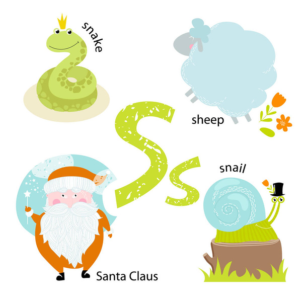 Vector εικονογράφηση για τη διδασκαλία τα παιδιά το Αγγλικό αλφάβητο με ζώα κινουμένων σχεδίων και αντικειμένων. Γράμμα «S». Φίδι Βασίλη, πρόβατα, σαλιγκάρι. Κούτσουρο, ερπετό, νέο έτος, Χριστούγεννα. αφίσα, κάρτα, σχολείο - Διάνυσμα, εικόνα