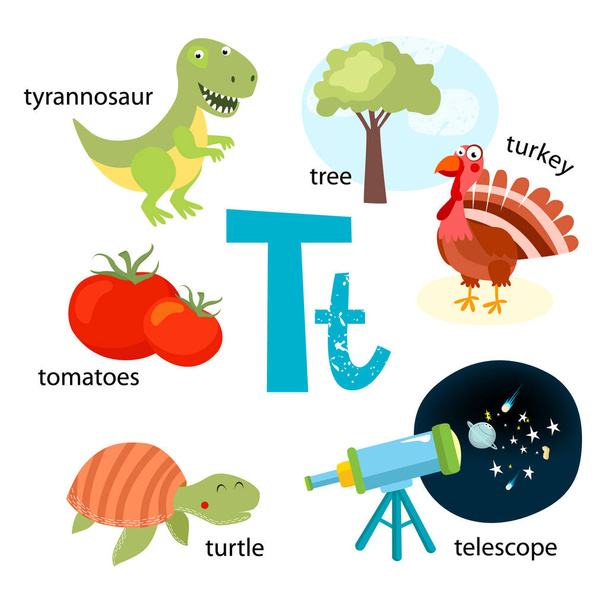 Векторная иллюстрация для обучения детей английскому алфавиту с мультяшными животными и предметами. Буква "Т". Телескоп, тираннозавр, индейка, дерево, черепаха, помидоры.
 - Вектор,изображение