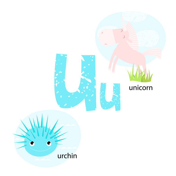 Vector illustration for teaching children the English alphabet with cartoon animals and objects. "U" letter. The unicorn, sea urchin. Poster, postcard, schoo - Vector, Image
