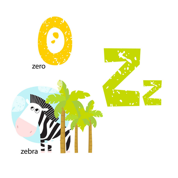 Vectorillustratie voor het onderwijzen van kinderen het Engelse alfabet met tekenfilm dieren en objecten. Letter "Z". Zebra, nul. Poster, briefkaart, school - Vector, afbeelding