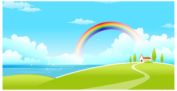 Sea landscape with a rainbow in the background - Vector, Image