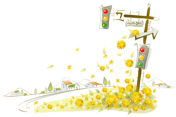 Κοντινό πλάνο σηματοδότη και πινακίδας κατεύθυνσης με λουλούδια - Διάνυσμα, εικόνα