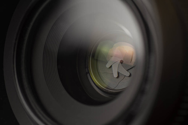 Camera Lens Close Up. DSLR Shutter Background. - Photo, Image