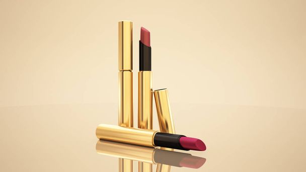 Lipstick on a yellow and gold background. Bottle, lipstick, acce - 写真・画像