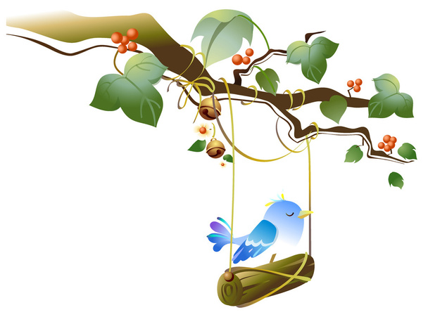 Bird swinging on branch of tree - Vector, Image