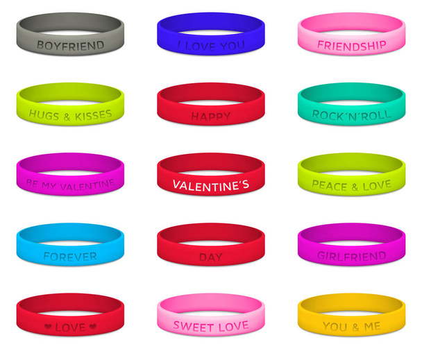 Set of multicolored rubber wristbands for Valentines Day. Vector illustration. - Vector, Image