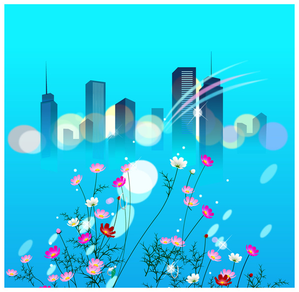 花植物と青の背景のスカイライン - ベクター画像