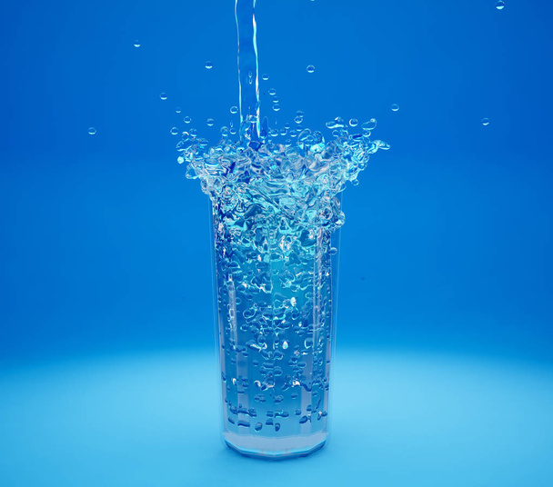 Разбрызгивание холодной воды в стакане, синий фон, трехмерная иллюстрация
,  - Фото, изображение