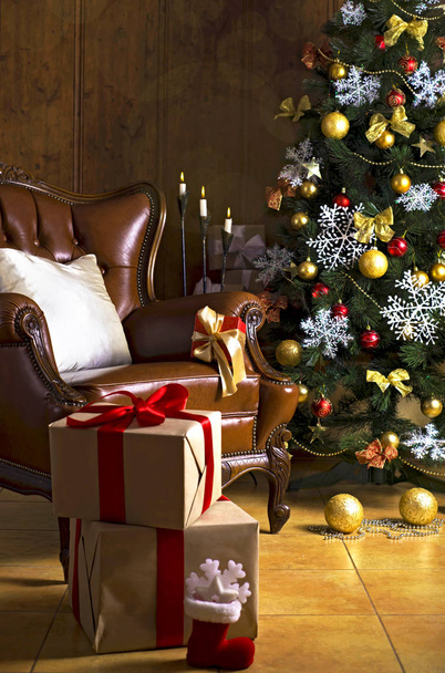 Christmas scene with tree gifts - Fotoğraf, Görsel