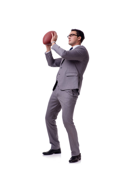 Homme d'affaires avec football américain isolé sur blanc
 - Photo, image