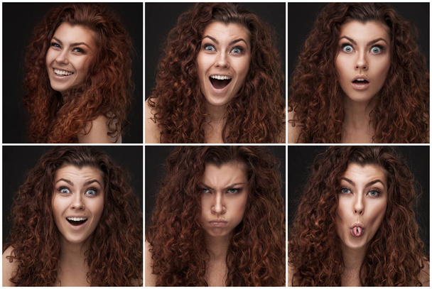 set of photos with woman with healthy brown curly hair - Foto, Imagem