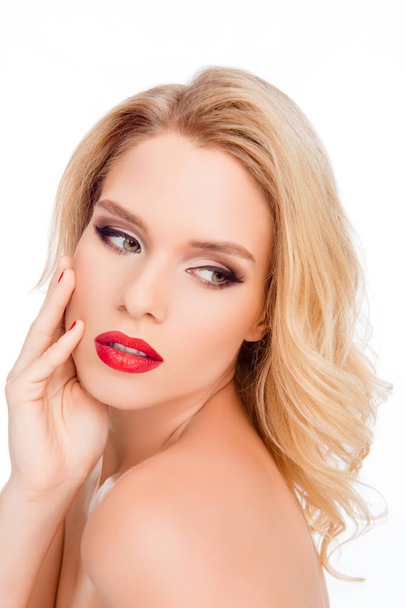 Young beautiful sexy blonde with stylish make-up and hairdo touc - Photo, Image