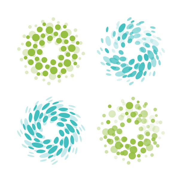 abstrakte Kreis-Logos gesetzt. grün und blau gepunktete runde isolierte chem Logo Kollektion. Virussymbol. Ungewöhnliche Sonne. Blumensymbol. Spirale sign.vektor keime illustration. - Vektor, Bild