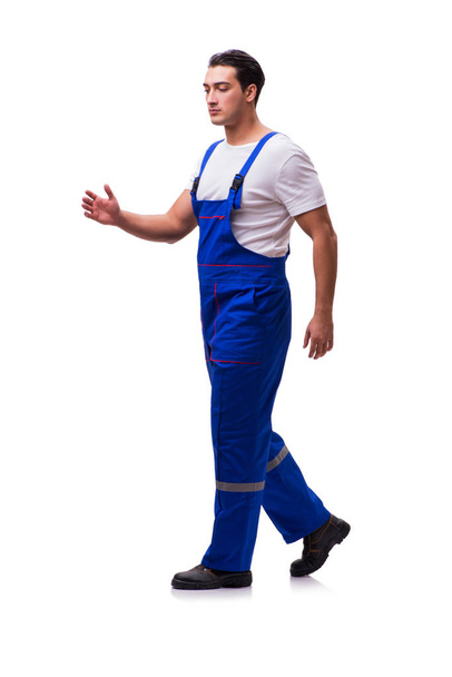 Knappe reparateur dragen van de overall geïsoleerd op wit - Foto, afbeelding