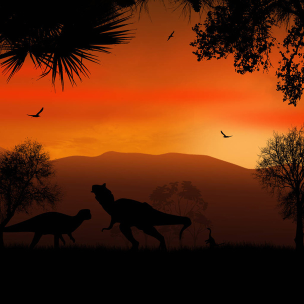Dinosaurs silhouettes in beautiful landscape - Vector, Image