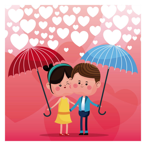 傘雨の心の背景を愛するカップル - ベクター画像