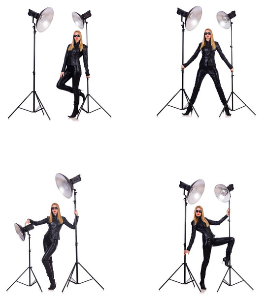 Collage einer Frau während eines Fotoshootings isoliert auf Weiß - Foto, Bild