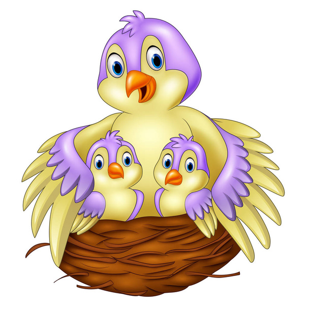 Mère oiseau avec ses deux bébés dans le nid
 - Vecteur, image