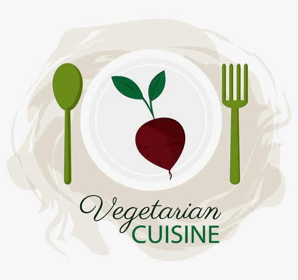 beet vegetarian cuisine organic food plate and spoon fork - Vetor, Imagem