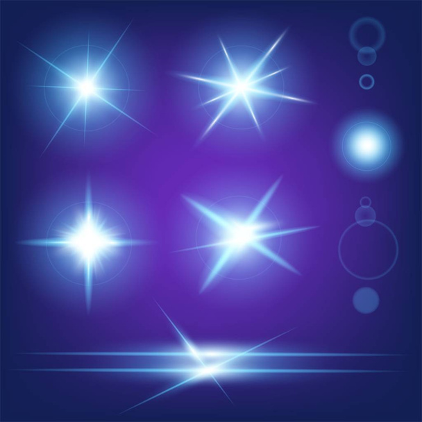 Concetto creativo Set vettoriale di stelle effetto luce bagliore esplode con scintille isolate su sfondo nero. Per illustrazione modello art design, banner per Natale celebrare, raggio di energia flash magia - Vettoriali, immagini