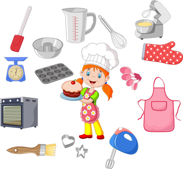 Chef-kok meisje en kookgerei - Vector, afbeelding