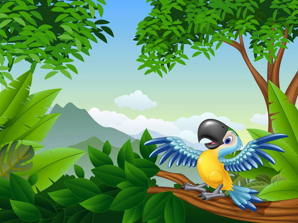 Cartoon macaw in the jungle - Vector, Image